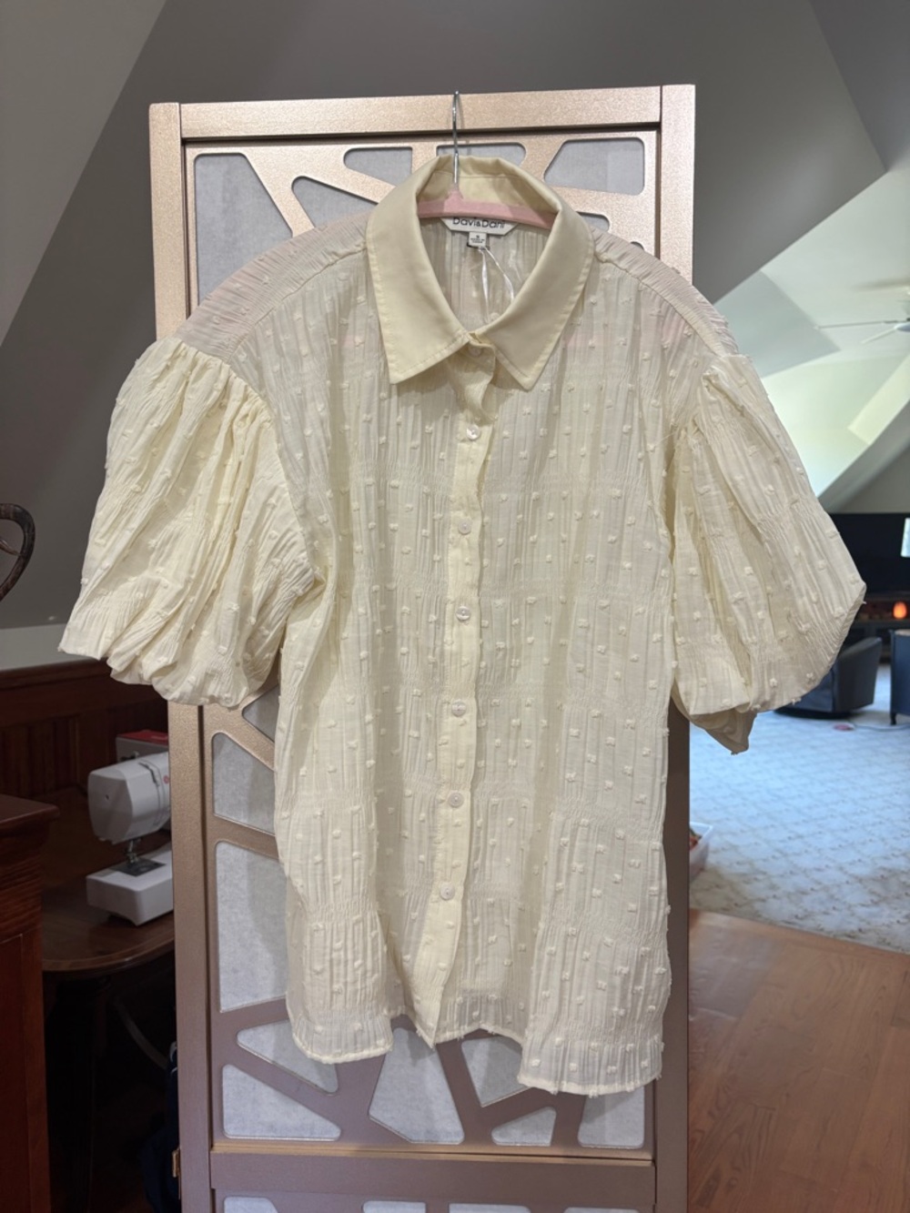 DAVI & DANI Pale Yellow Puff-Sleeve Dobby Button-Down